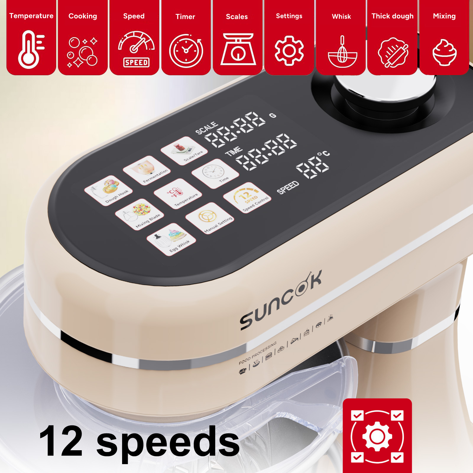 Beżowy robot kuchenny Suncok z cyfrowym ekranem dotykowym i menu ustawień.