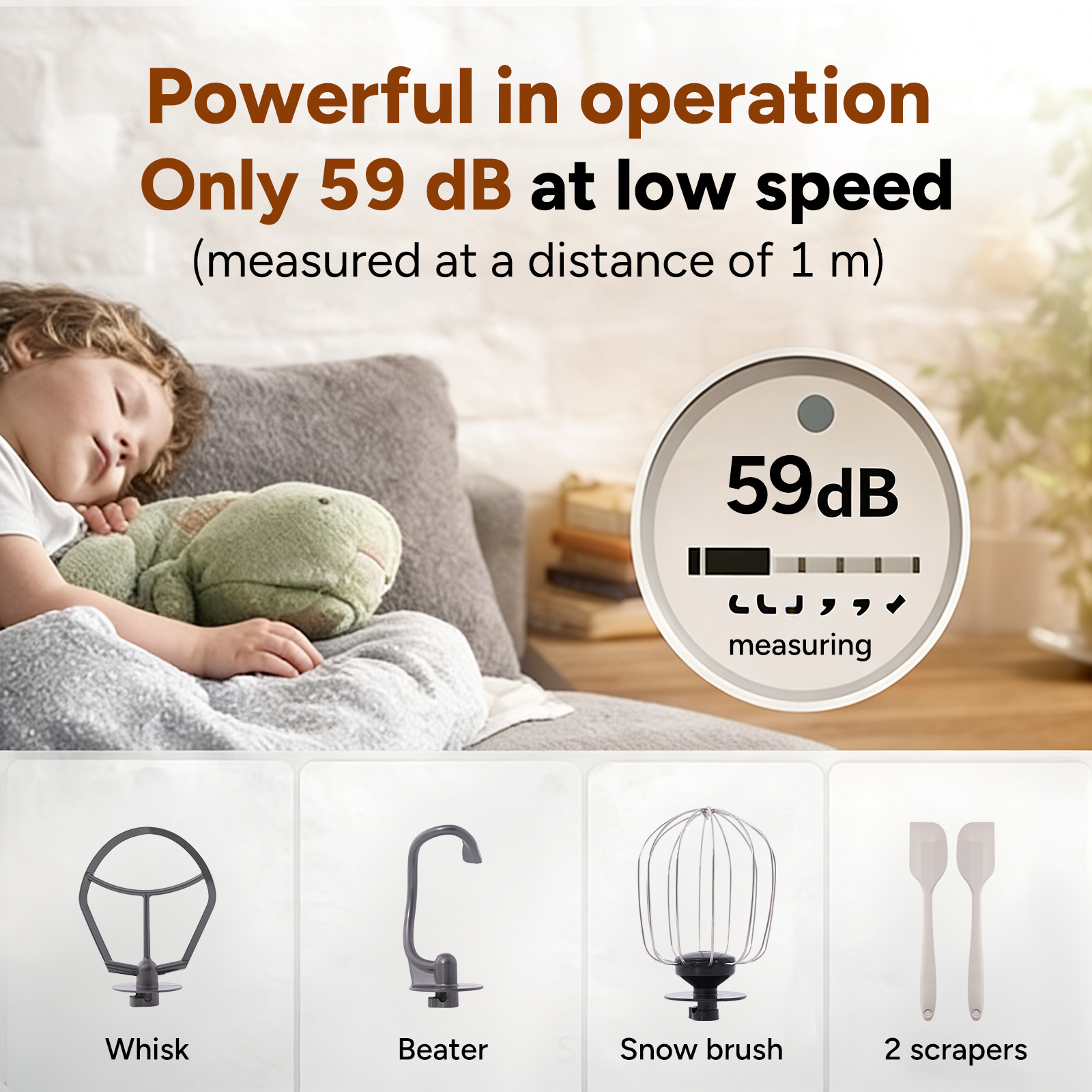 Dziecko śpi spokojnie na kanapie obok wyświetlacza 59 dB i czterech akcesoriów.