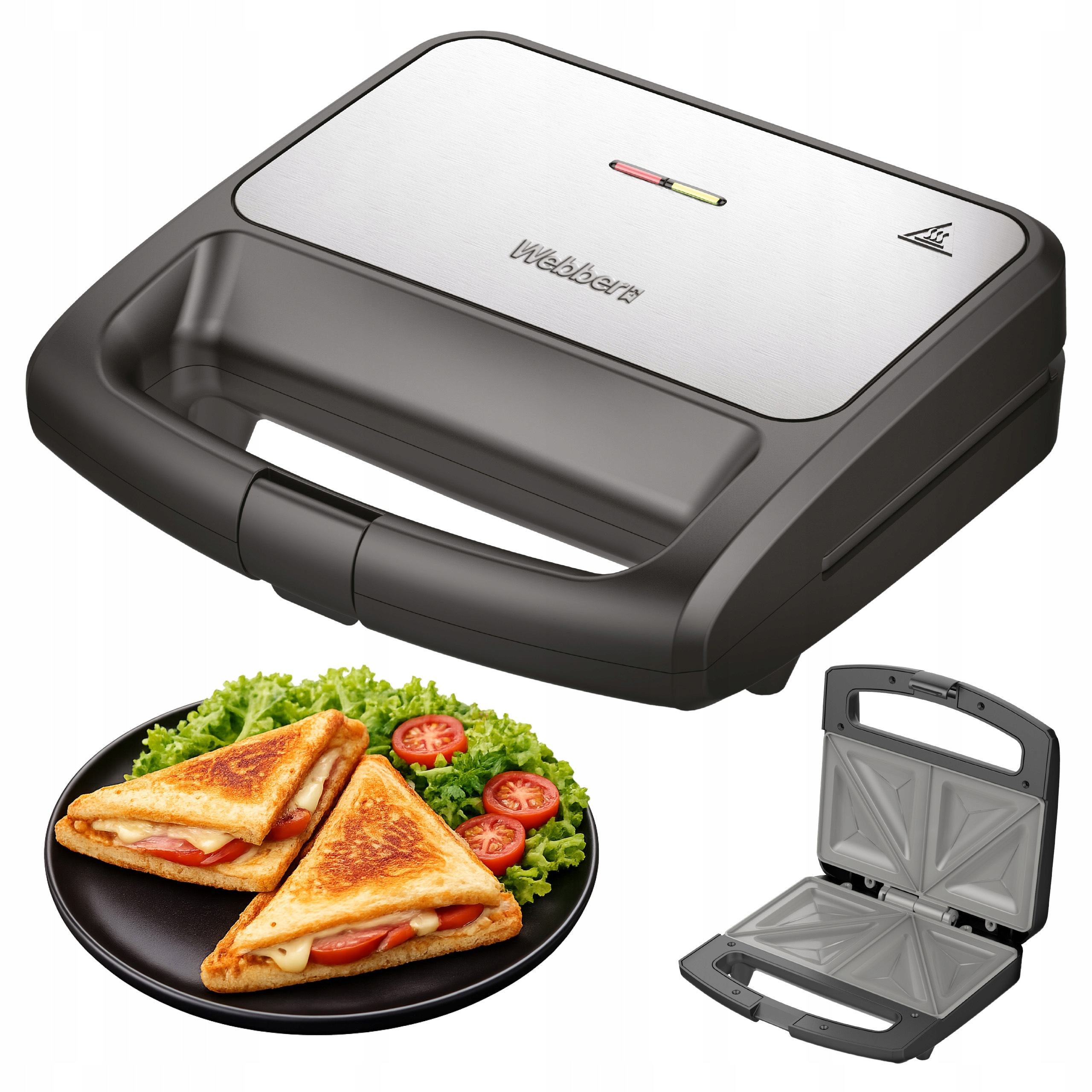 Ein schwarzer und silberner Sandwichmaker, ein offener Sandwichmaker und ein Teller mit Toasts, Salat und Tomaten.