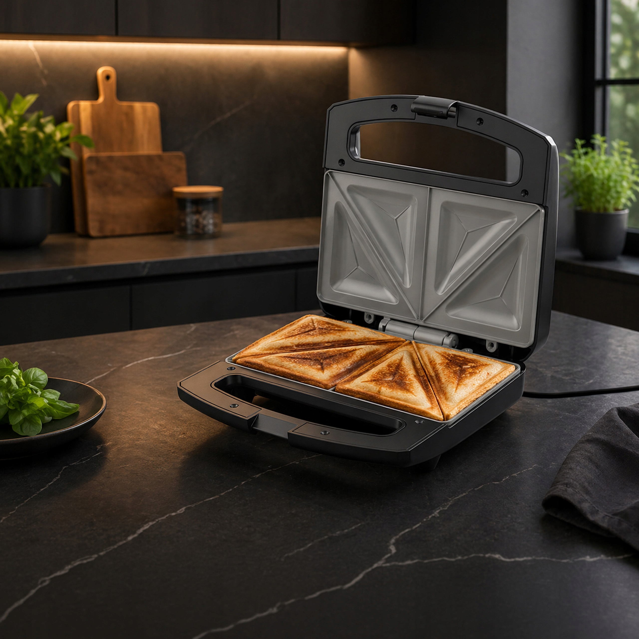 Ein offener Sandwichtoaster mit goldbraunen Sandwiches auf einer dunklen Küchenarbeitsplatte.