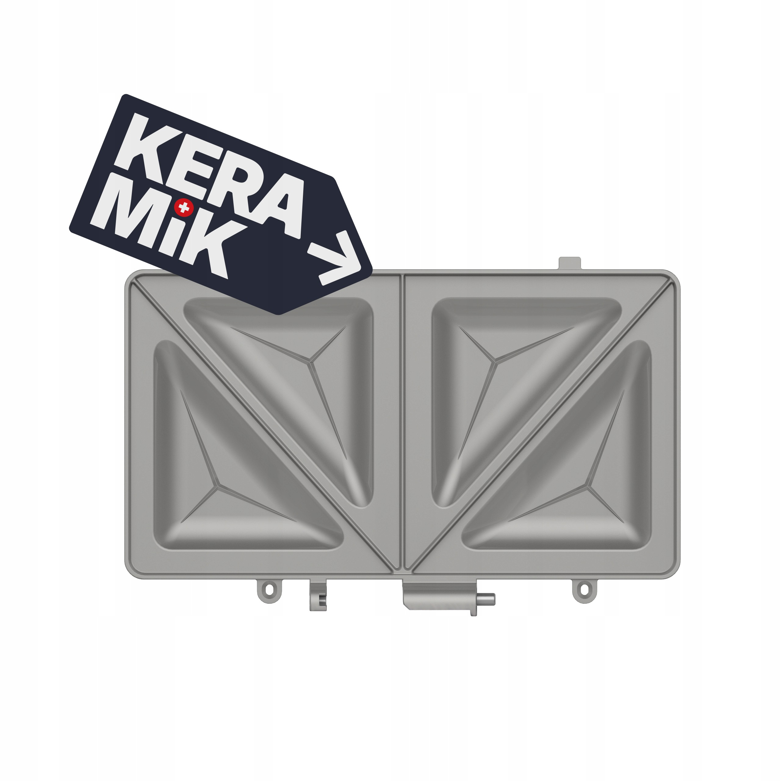 Graue Sandwichmaker-Platte mit dreieckigen Vertiefungen und Keramik-Logo.