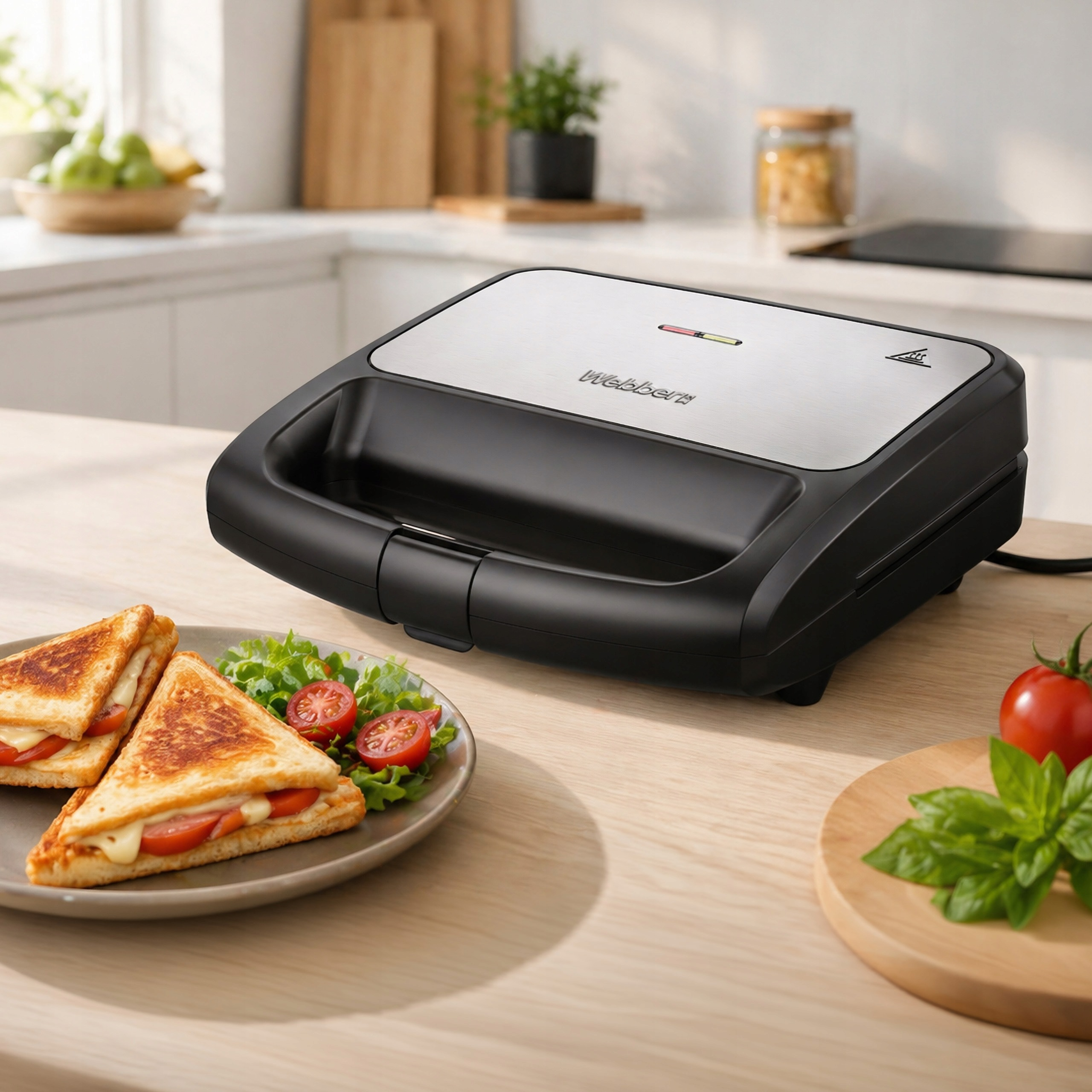 Ein schwarzer Sandwichmaker auf einem Holztisch neben einem Teller mit getoasteten Sandwiches und Salat.