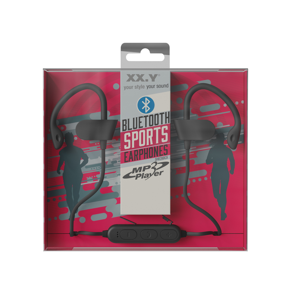 Czarne sportowe słuchawki Bluetooth w czerwono-szarym opakowaniu z sylwetkami biegaczy.