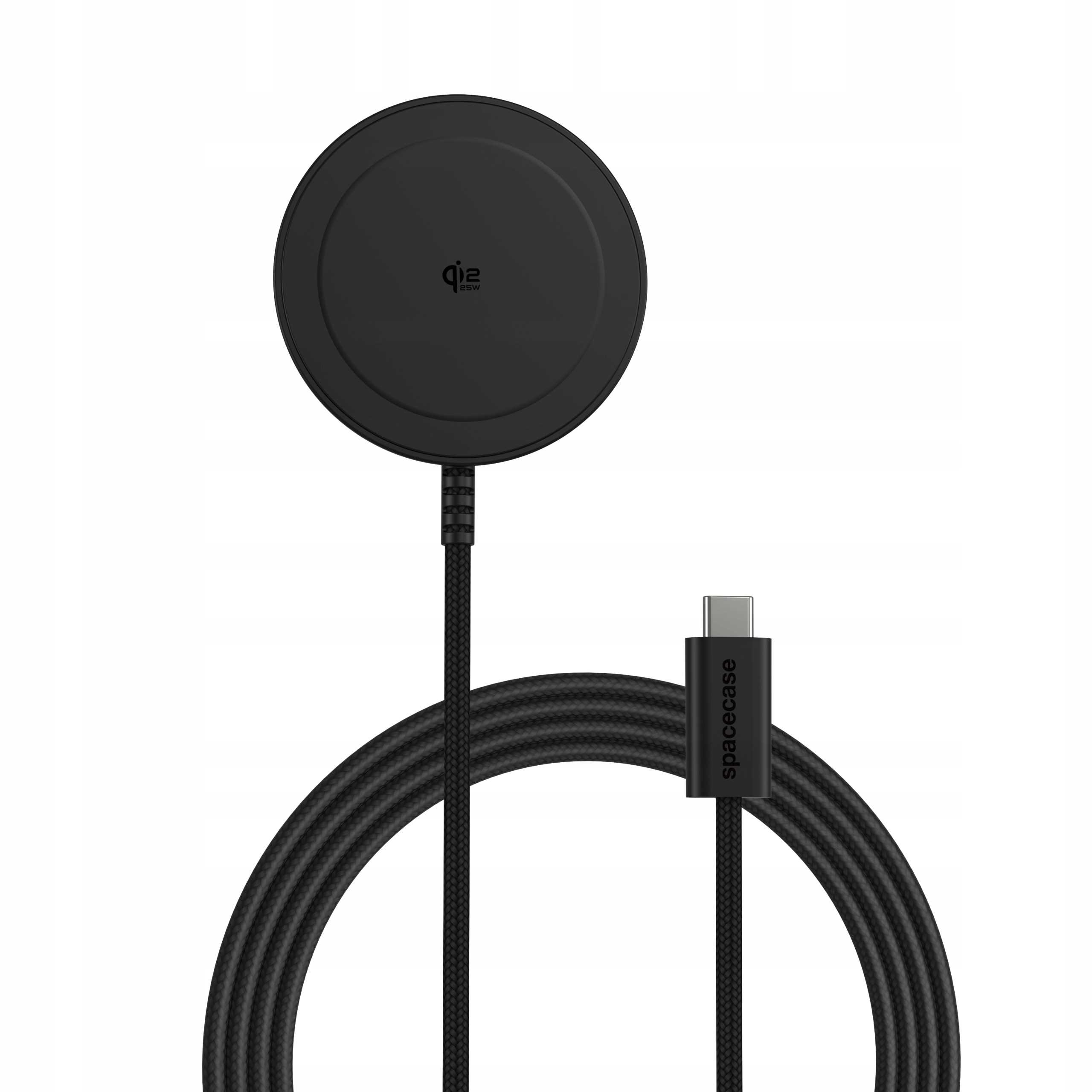 Czarna ładowarka bezprzewodowa Qi2 z plecionym kablem USB-C na białym tle.
