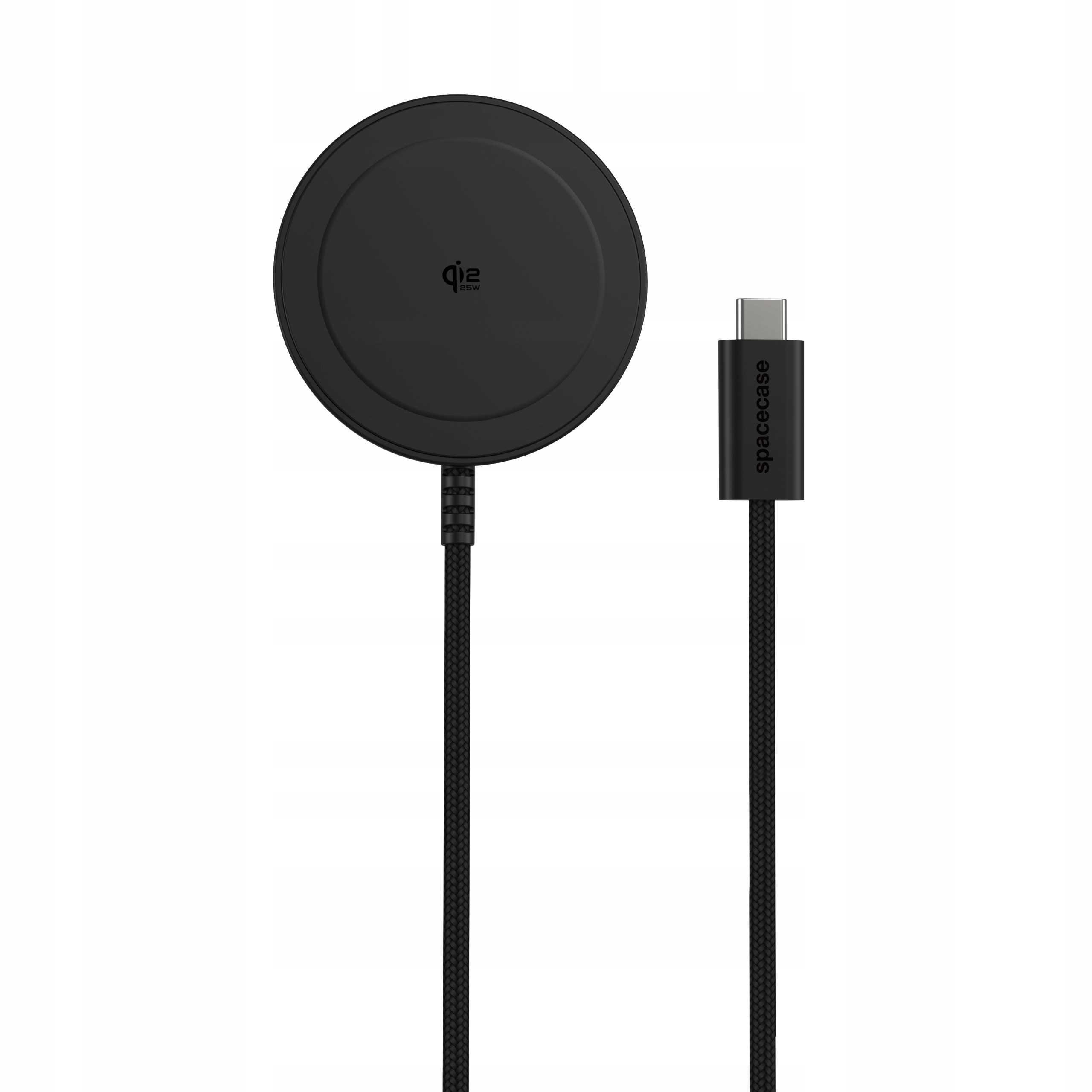 Czarna ładowarka bezprzewodowa Qi2 25W z plecionym kablem USB-C na białym tle.
