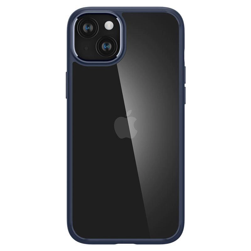 Ciemnoniebieskie etui ochronne na iPhone'a z przezroczystym tyłem i logo Apple.