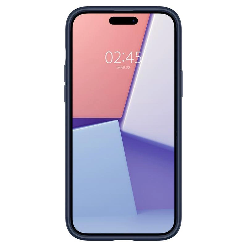 Smartfon w niebieskim etui wyświetla ekran główny z geometrycznymi wzorami i godziną 02:45.