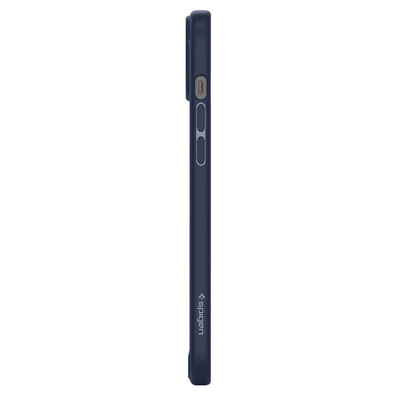 Widok z boku ciemnego etui na smartfon z przyciskami i logo Spigen na białym tle.