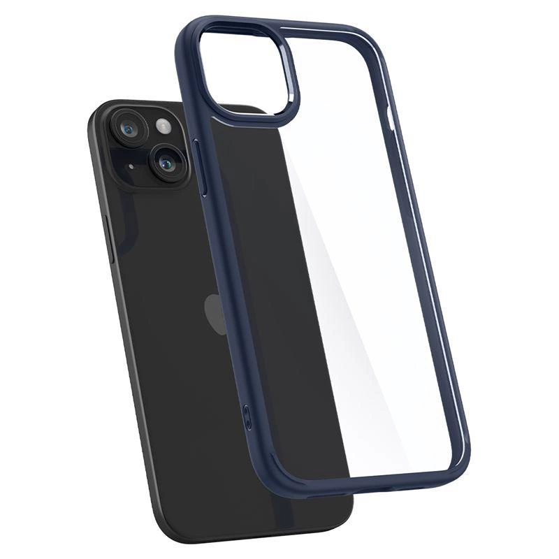 Czarny smartfon stoi przed przezroczystym etui z niebieską ramką na białym tle.