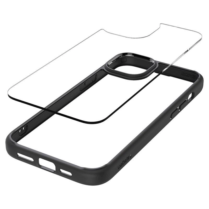 Czarne etui na smartfon z unoszącą się nad nim szklaną folią ochronną na białym tle.