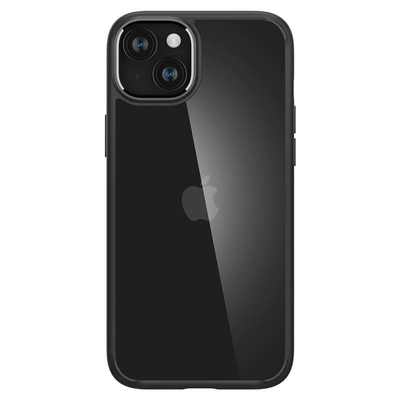 Czarne etui ochronne na smartfon z widocznym logo Apple i podwójnym aparatem z tyłu.