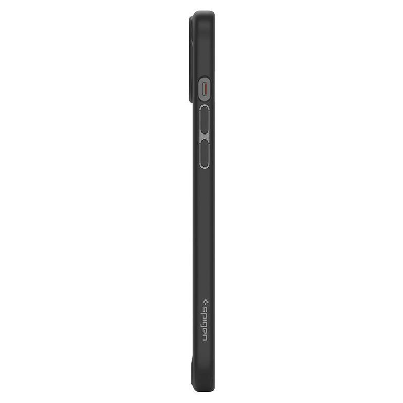Widok z boku czarnego etui na smartfon z przyciskami i logo Spigen.