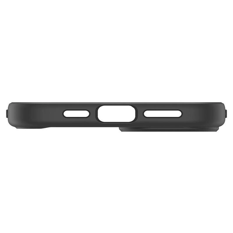 Widok od dołu czarnego etui na smartfon z trzema precyzyjnymi wycięciami na białym tle.