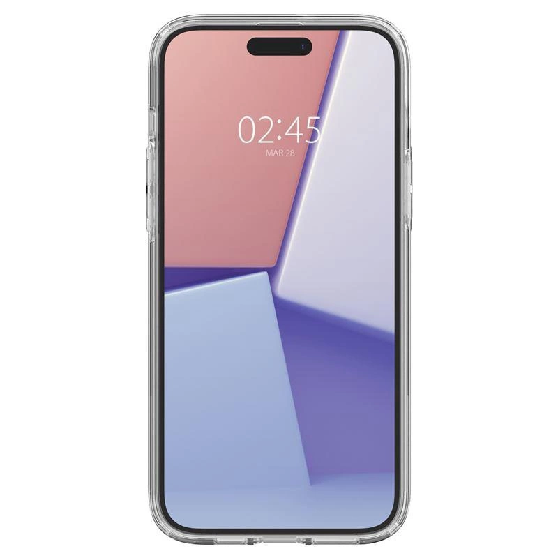 Smartfon w przezroczystym etui wyświetla godzinę 02:45 na geometrycznym pastelowym ekranie.