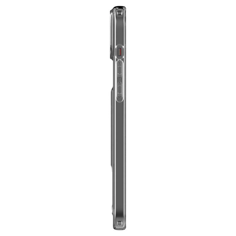 Widok z boku przezroczystego etui ochronnego na smartfon z widocznymi przyciskami na białym tle.