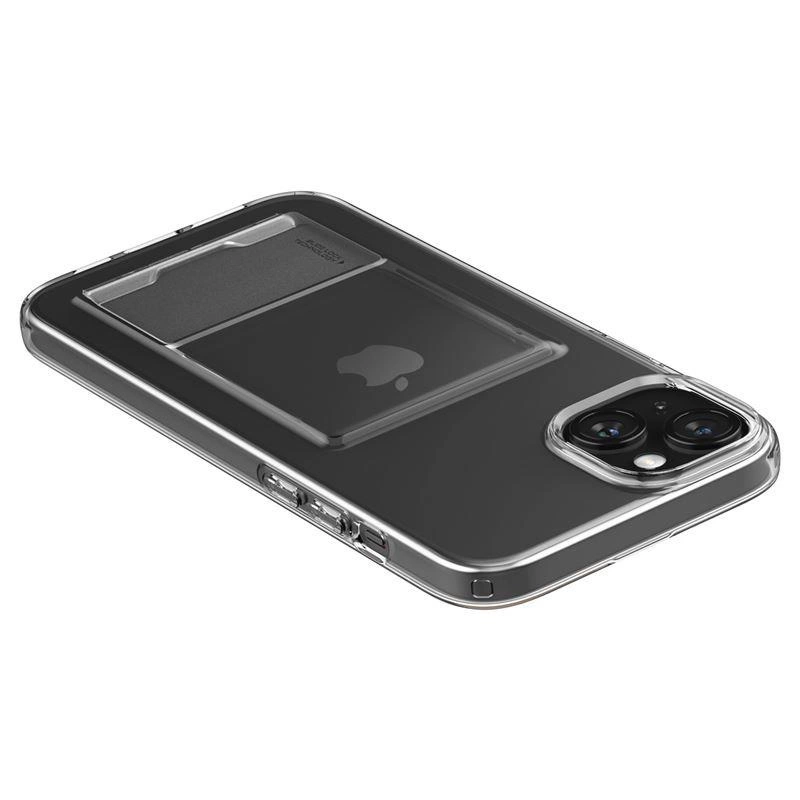 Przezroczyste etui na smartfon z wbudowaną kieszenią na karty z tyłu i wycięciem na logo Apple.