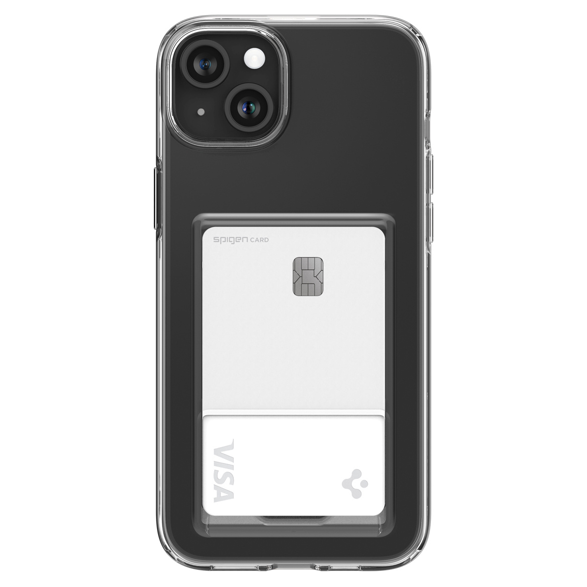 Czarny smartfon w przezroczystym etui z kieszonką na karty z tyłu.