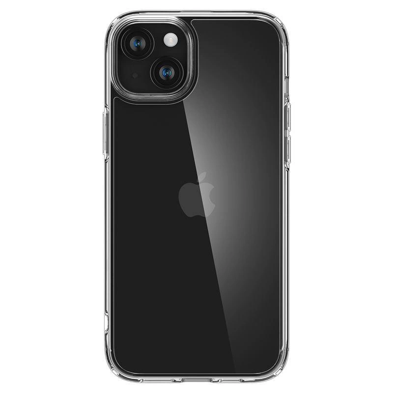 Smartfon w przezroczystym etui ochronnym z podwójnym aparatem z tyłu.