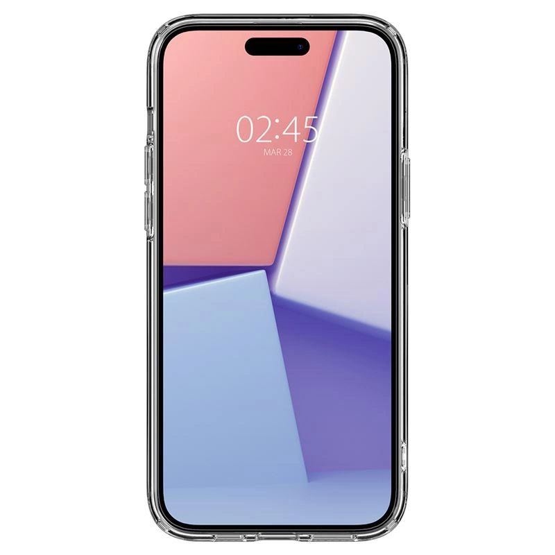 Smartfon w przezroczystym etui z abstrakcyjnym różowo-niebieskim tłem.