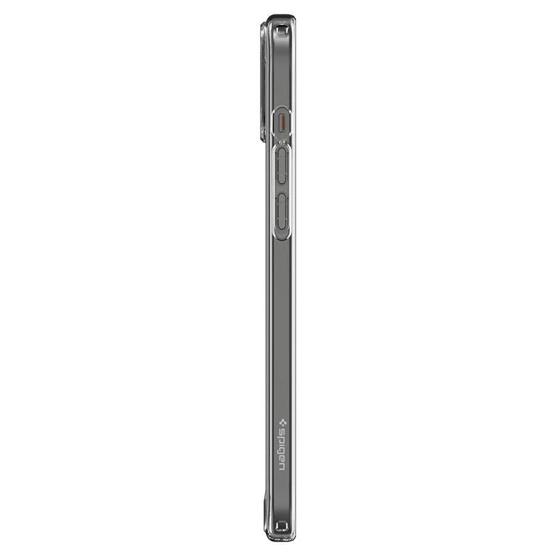 Widok z boku przezroczystego etui na telefon Spigen na białym tle, z przyciskami i logo.