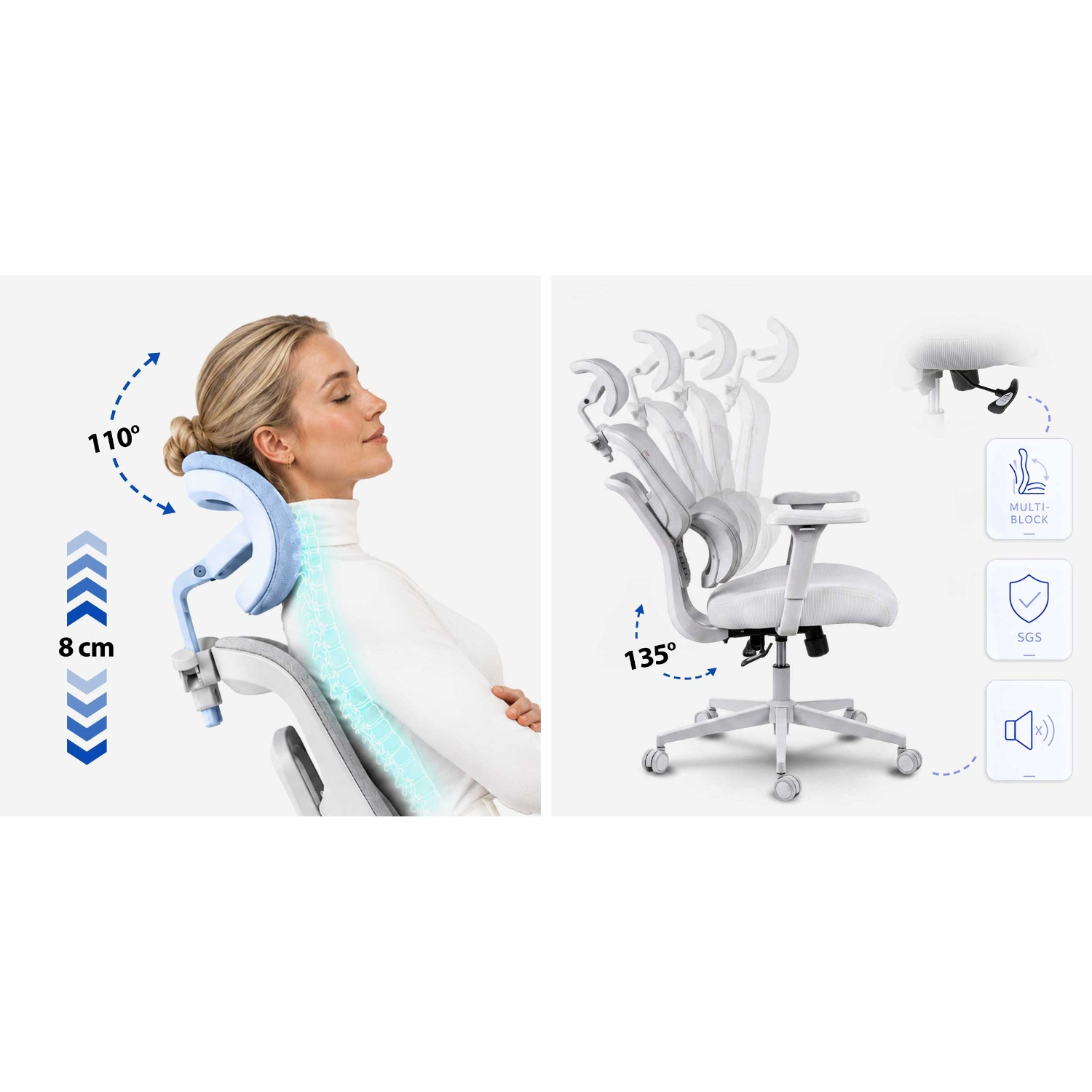 Kobieta odpoczywa na ergonomicznym krześle biurowym z regulowanym zagłówkiem, pokazując kąty nachylenia.