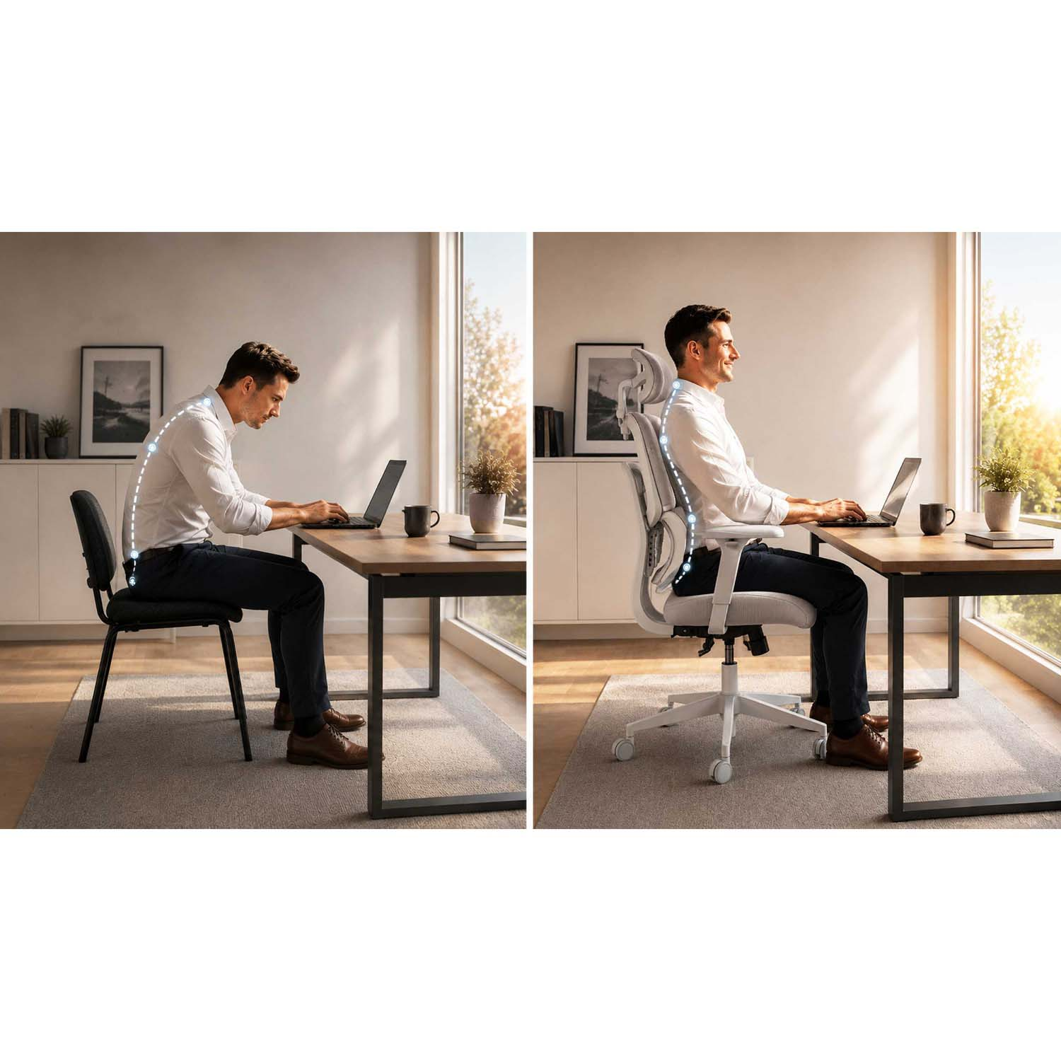 Porównanie dwóch postaw: po lewej nieprawidłowa na zwykłym krześle, po prawej zdrowa na krześle ergonomicznym.