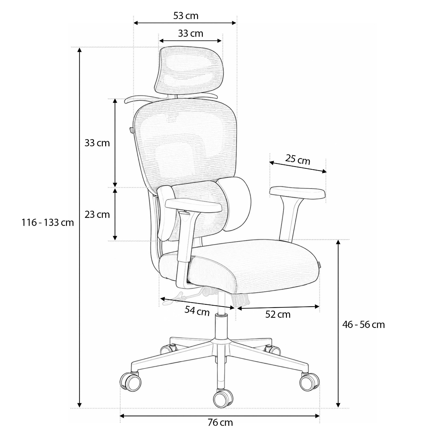 Rysunek techniczny ergonomicznego krzesla biurowego z wymiarami.