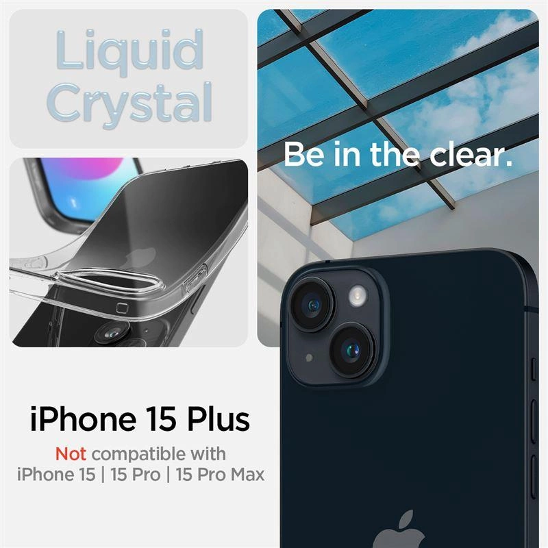Zdjęcie promocyjne etui Liquid Crystal do iPhone 15 Plus z tekstem i widokami.