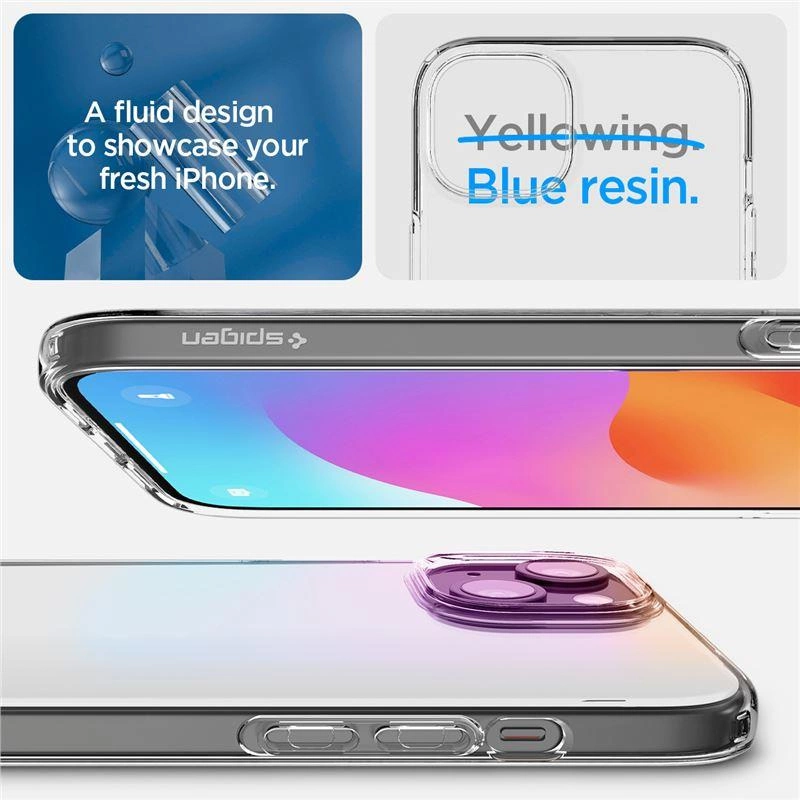 Przezroczyste etui na iPhone'a z niebieską żywicą zapobiegającą żółknięciu, pokazane pod wieloma kątami.