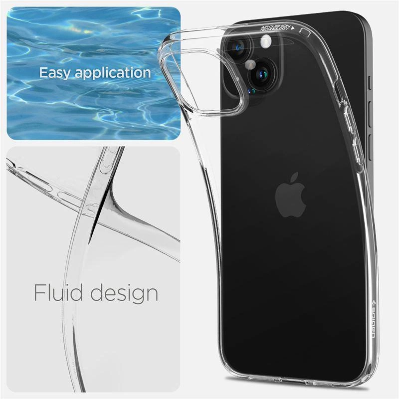 Czarny smartfon w przezroczystym etui z motywem wody i płynnym designem.