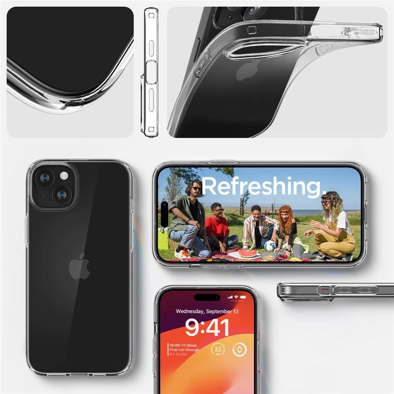 Wiele widoków przezroczystego etui na smartfona na iPhonie, pokazujących ekran i przyciski.