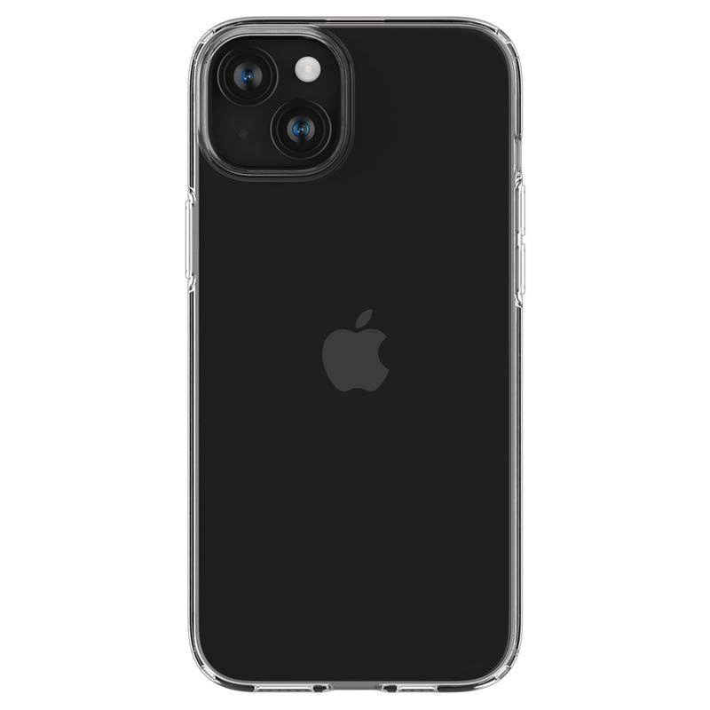 Czarny smartfon w przezroczystym etui ochronnym, widziany od tyłu.