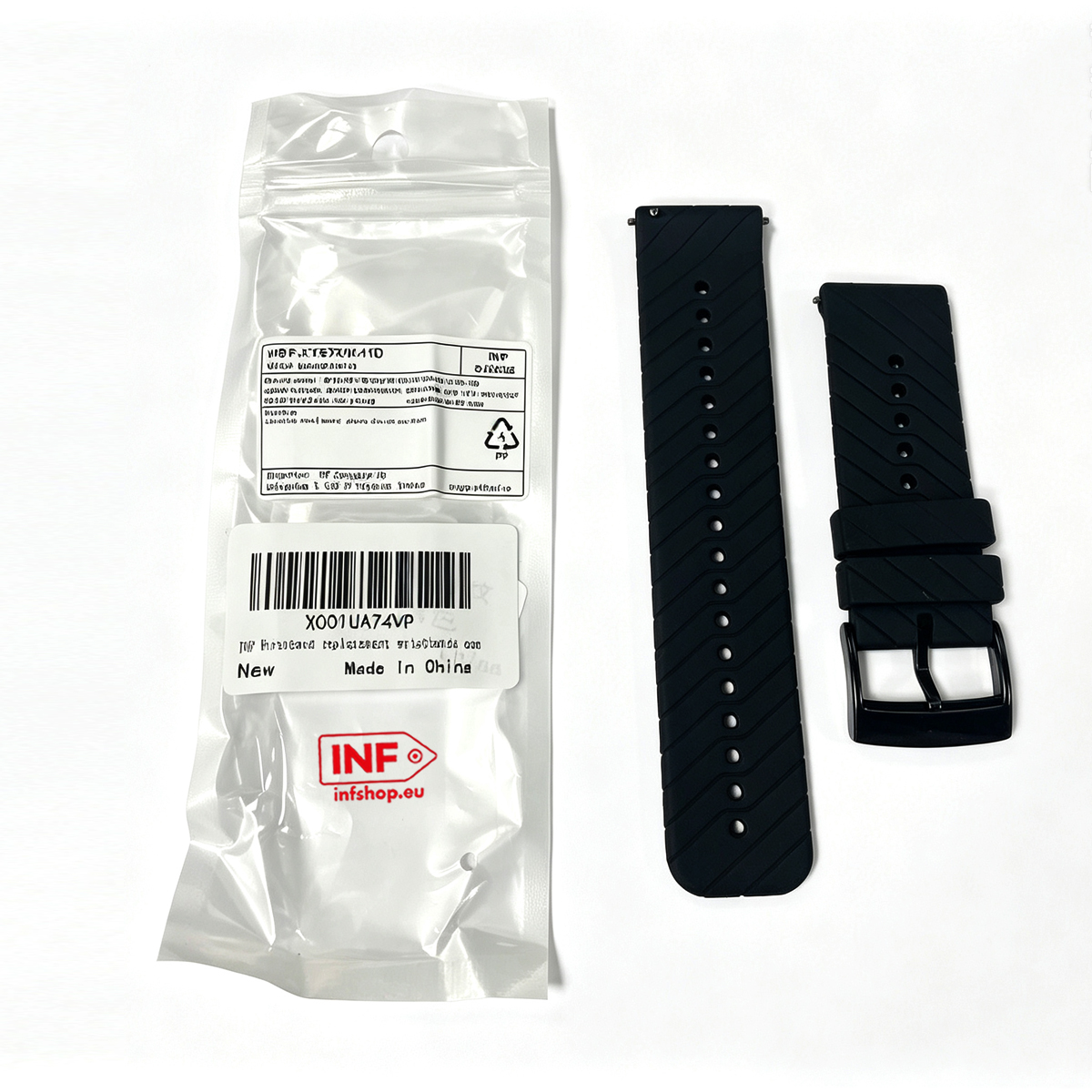 Schwarzes Silikon-Uhrenarmband mit Rillenmuster und Verpackungsbeutel auf weißem Hintergrund.
