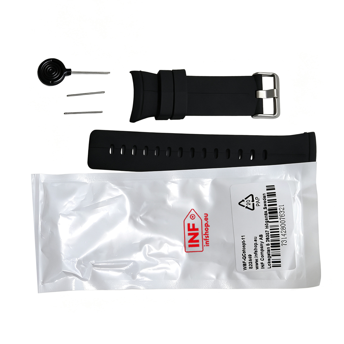 Schwarzes Silikonarmband mit Schnalle, zwei Stiften, Werkzeug und Plastiktüte mit Barcode.