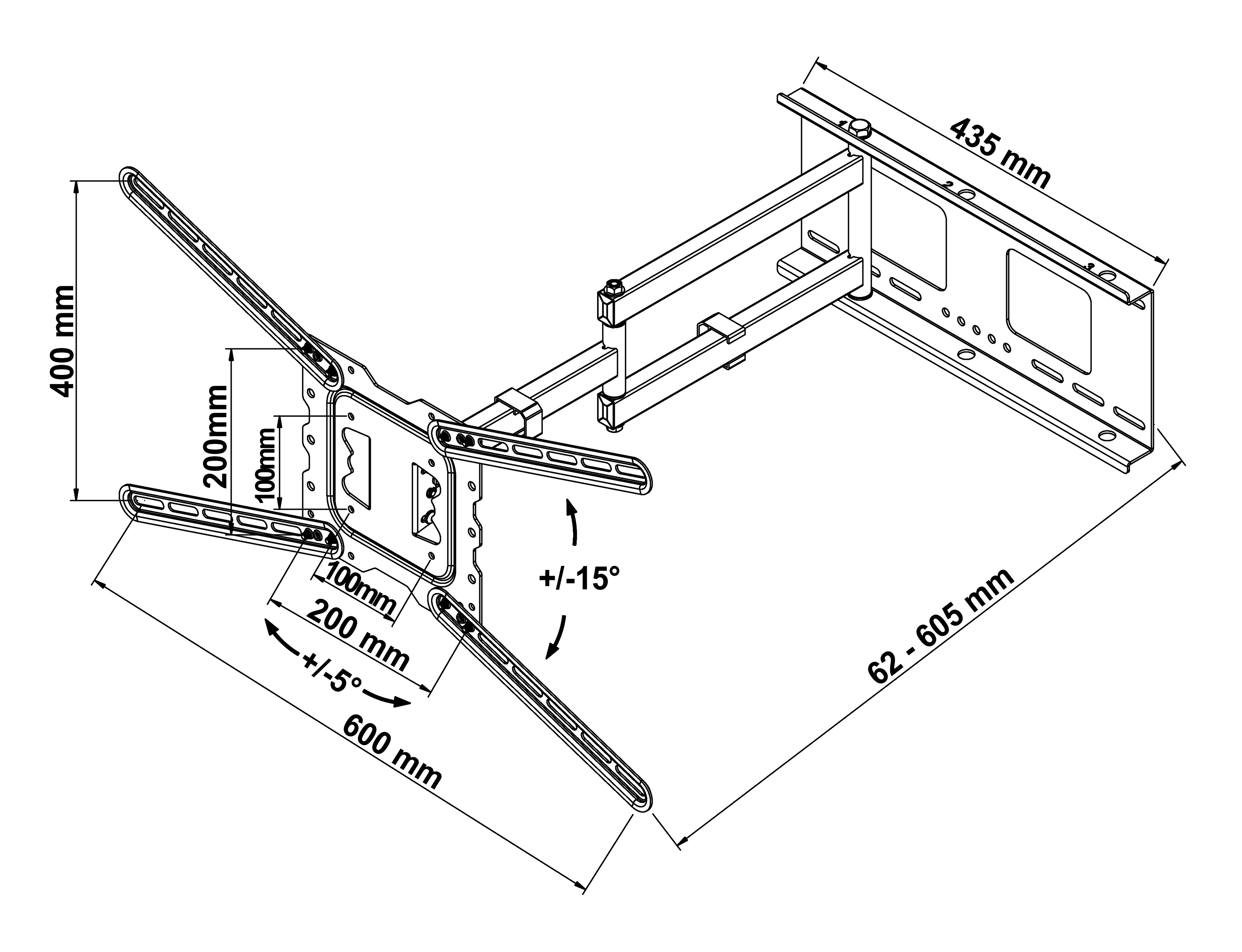 Disegno tecnico di un supporto TV estensibile a parete con quote per distanze VESA ed estensione.