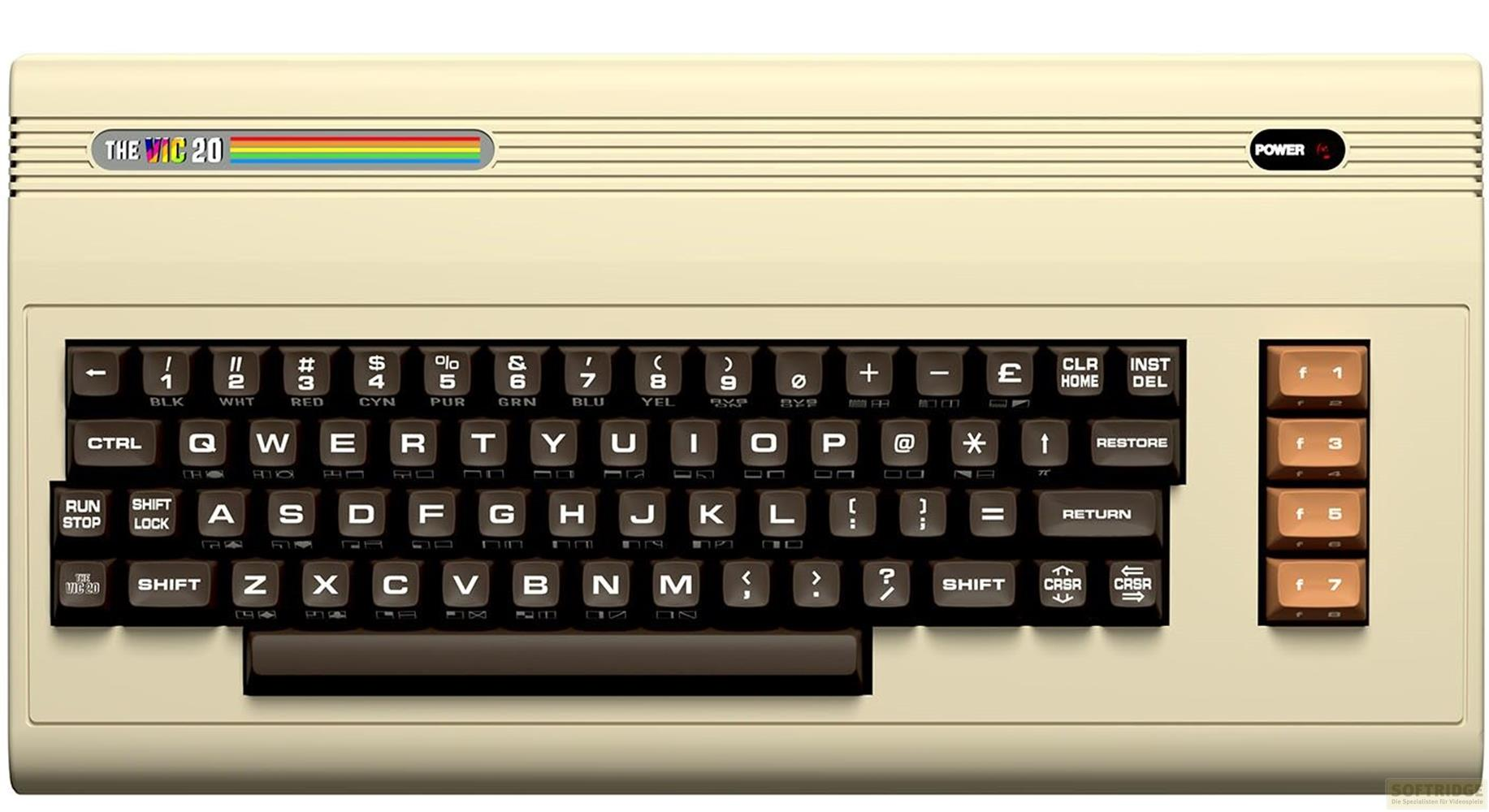 Beigefarbener Commodore VIC-20 Heimcomputer mit schwarzer QWERTZ-Tastatur und braunen Funktionstasten auf der rechten Seite.