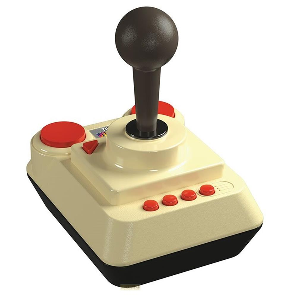 Ein beiger und schwarzer Retro-Joystick mit dunklem Stick und mehreren roten Knöpfen.