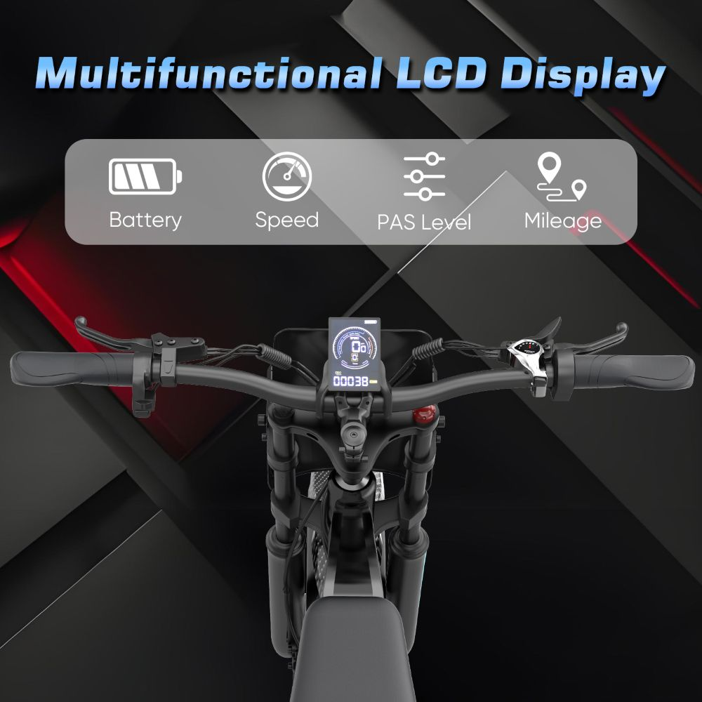 Manubrio di e-bike con display LCD che mostra batteria, velocità, livello PAS e chilometraggio.