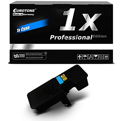 Eine schwarze Eurotone Cyan Tonerkassette vor ihrer passenden Verpackung auf weißem Hintergrund.