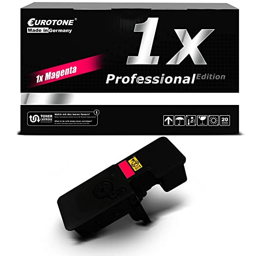 Eine schwarze Eurotone Magenta Tonerkassette vor der passenden schwarzen Verpackung.