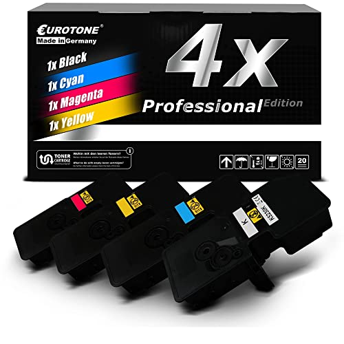 Eine schwarze Verpackung mit 4x Professional Edition über vier schwarzen Tonerkartuschen in CMYK-Farben.