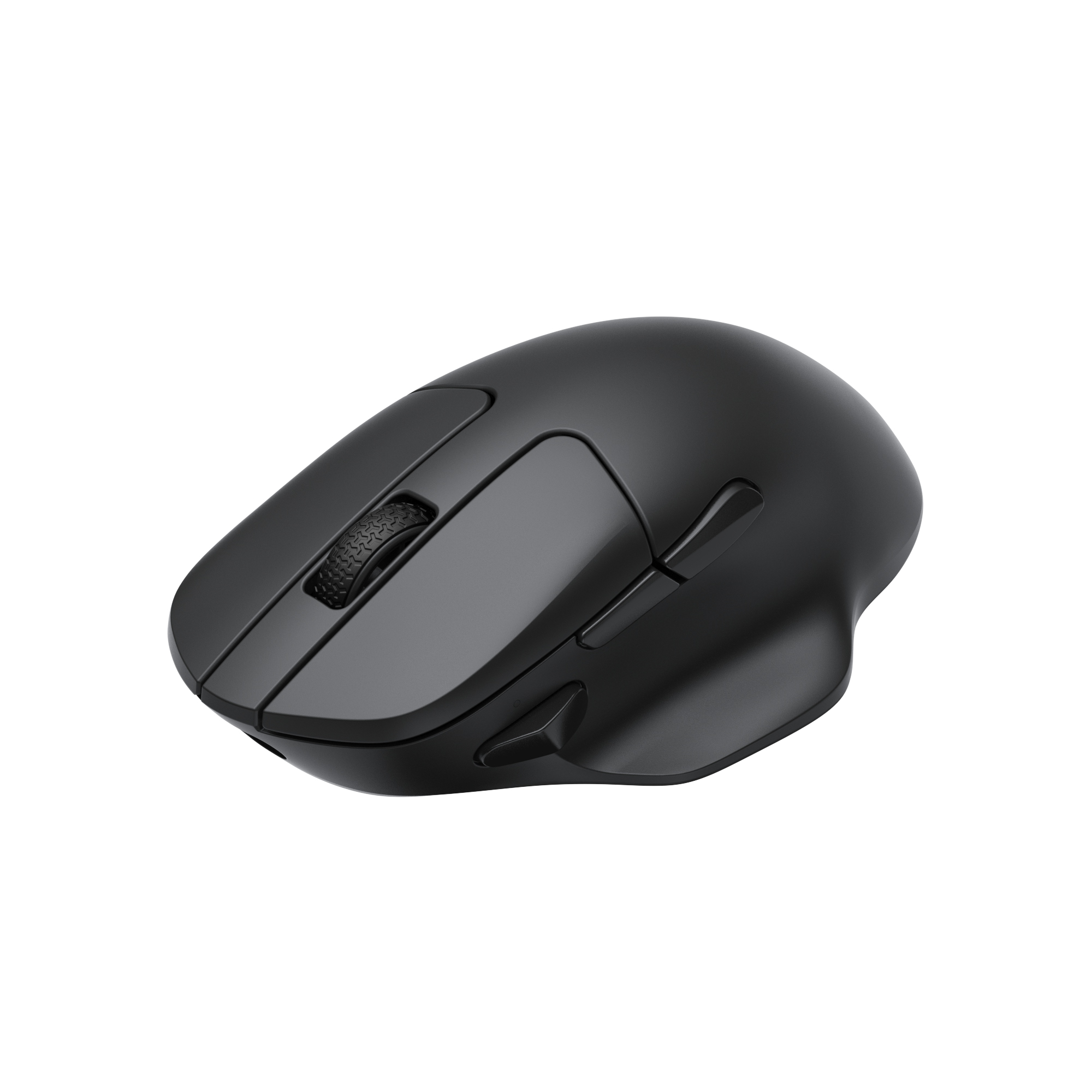 Une souris d'ordinateur noire ergonomique avec molette de défilement et boutons latéraux sur fond blanc.