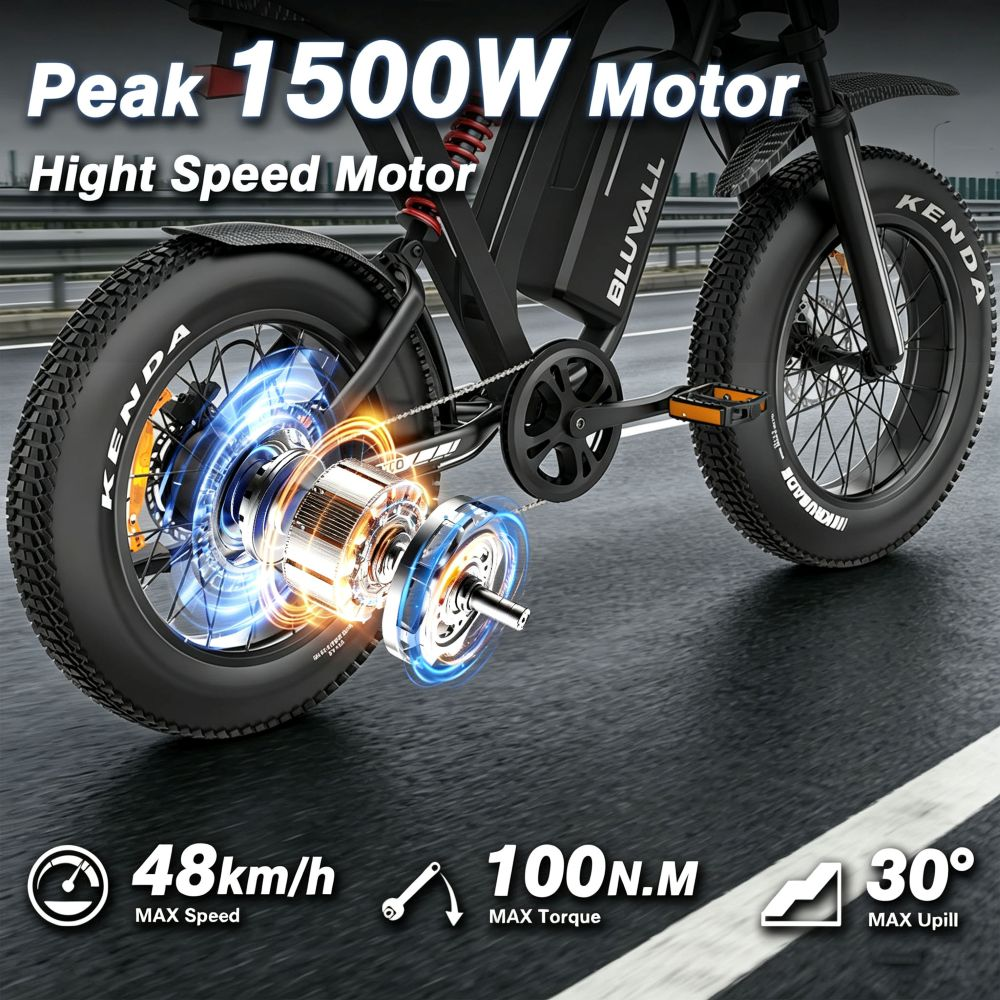 Una bici elettrica nera evidenzia il motore da 1500W sulla ruota posteriore, con dati di velocità e coppia.