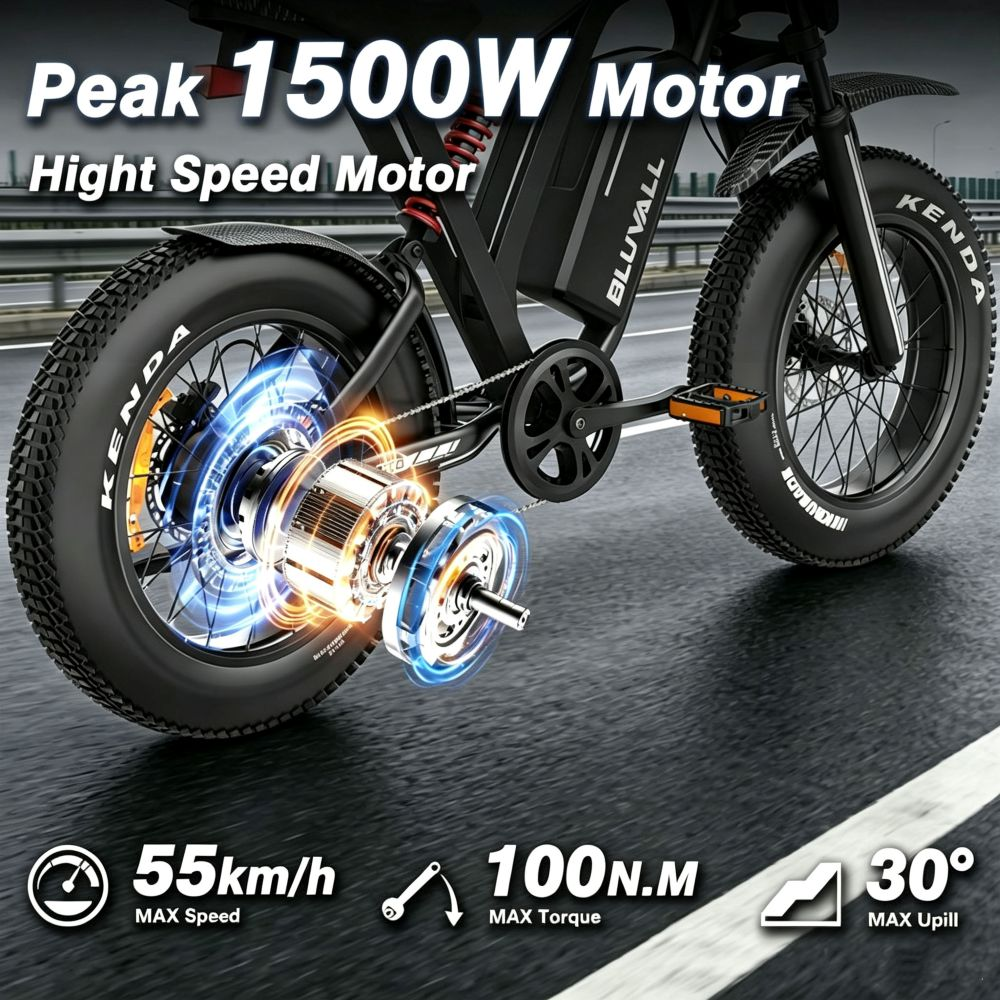 Una bicicletta elettrica su strada asfaltata, che evidenzia il suo motore da 1500W e le specifiche.