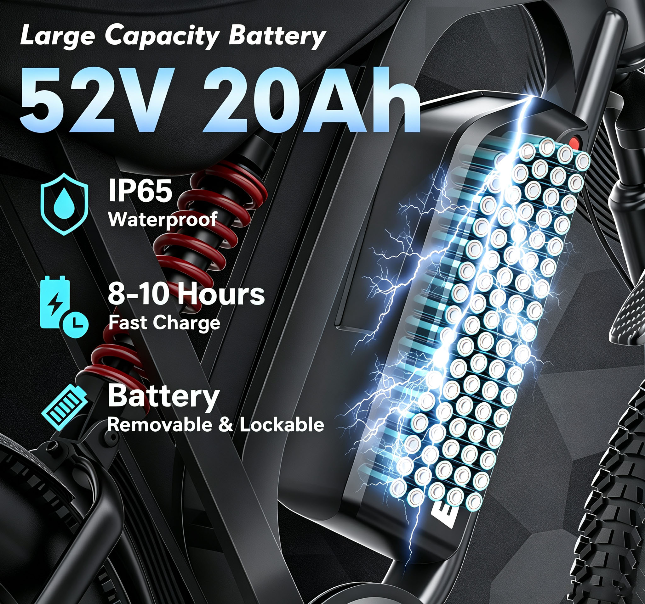 Batteria per e-bike 52V 20Ah, impermeabile, ricarica rapida e bloccabile con effetti di fulmini.
