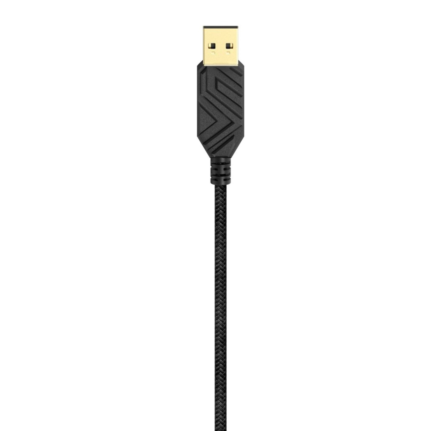 Ein schwarzes USB-Kabel mit vergoldetem Anschluss und gewebtem Nylonmantel.