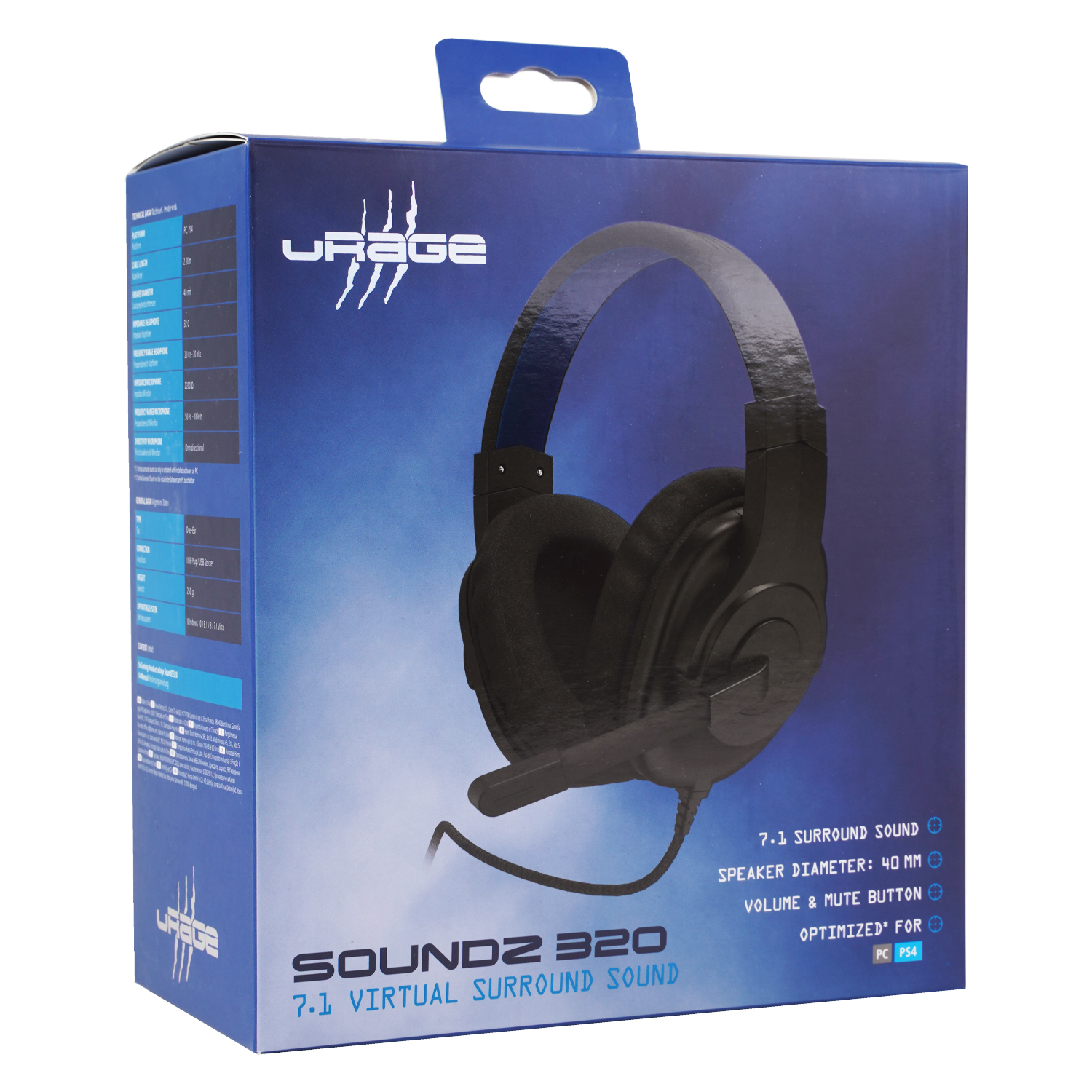 Blaue Produktverpackung eines uRage Soundz 320 Gaming-Headsets mit integriertem Mikrofon und Technischen Daten.