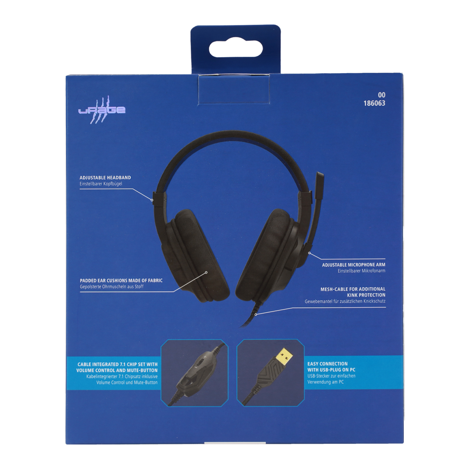Blaue Produktverpackung eines schwarzen Headsets mit Hinweisen zu Features auf der Rückseite.