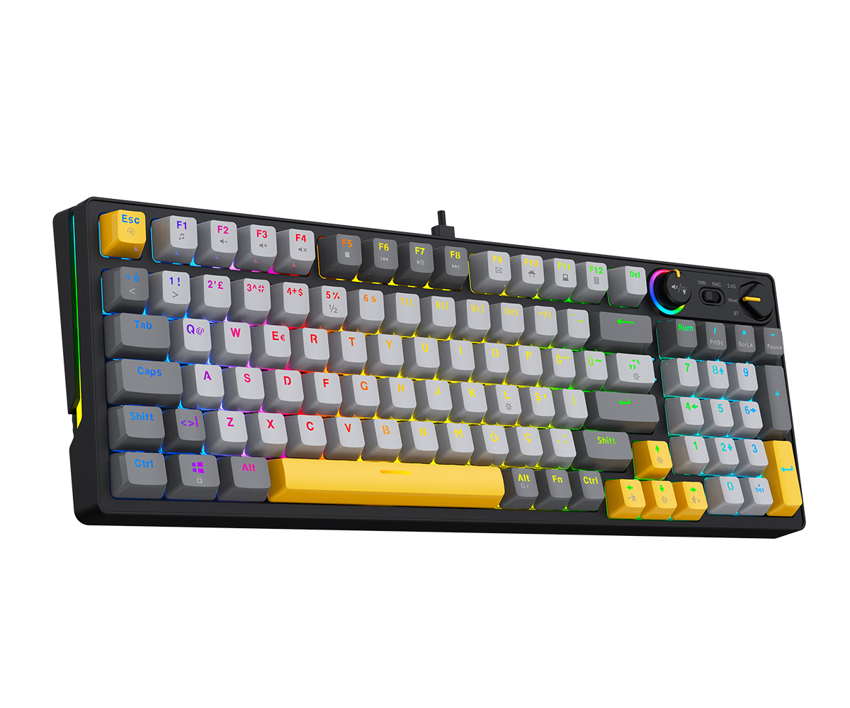 Renkli gri ve sarı tuş kapaklarına ve RGB arka aydınlatmaya sahip siyah mekanik klavye.