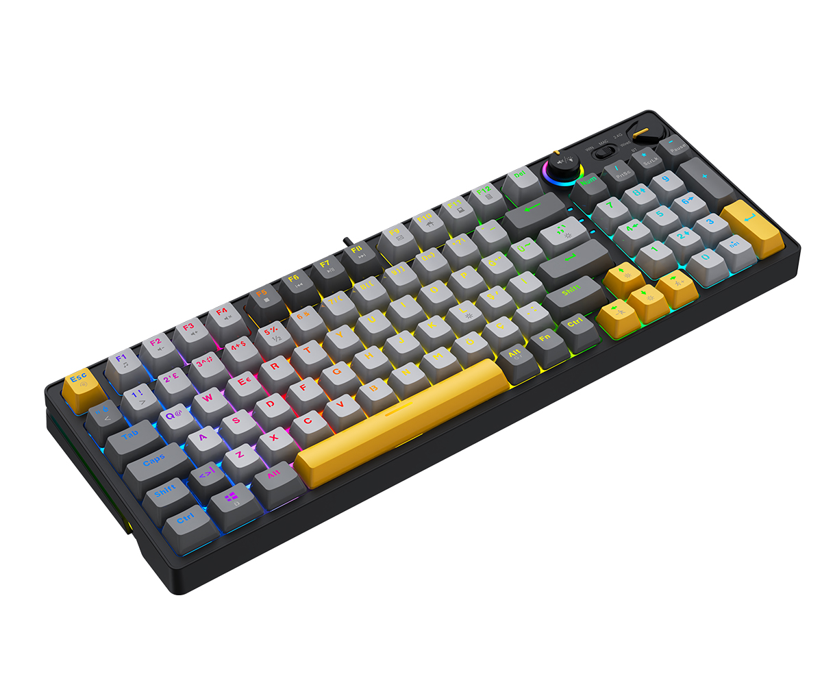 Sarı detaylara ve canlı RGB aydınlatmaya sahip siyah ve gri mekanik klavye.
